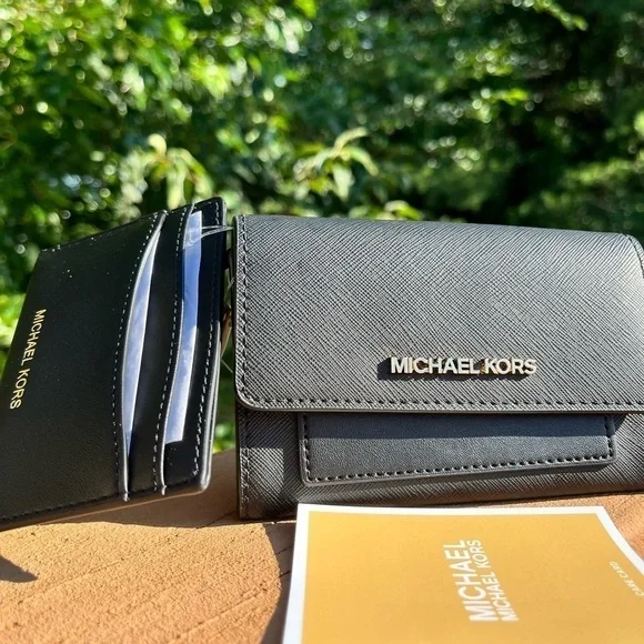 Michael Kors Black Flap Wallet With Removable Card Case MK Logo NWT